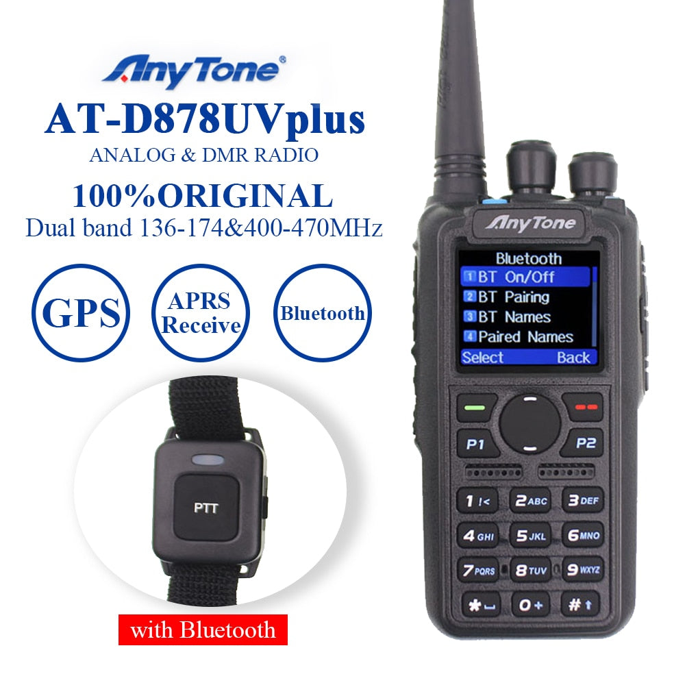 Anytone AT-D878UV Plus Walkie Talkie VHF 136-174MHz UHF 400-470MHz GPS APRS Wireless PTT DMR Ham Radio Station With Cable
