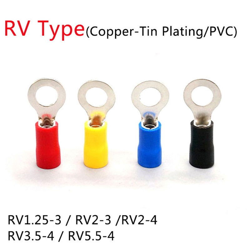 50Pcs RV1.25-4 RV2-3 RV2-4 RV3.5-4 RV5.5-4 Wire Terminal Crimp Splice PVC Insulation Circular Round Cold Press Cable End Connect