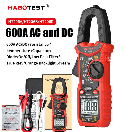 HABOTEST Digital Clamp Meter HT206A HT206B HT206D 600A AC DC Current Two-color Backlight NCV Voltmeter Ammeter With Leather Case