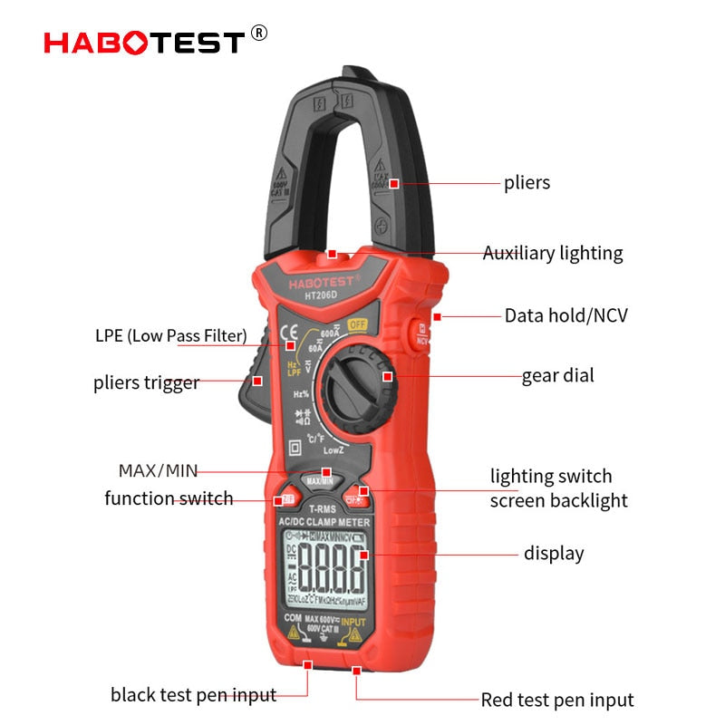HABOTEST Digital Clamp Meter HT206A HT206B HT206D 600A AC DC Current Two-color Backlight NCV Voltmeter Ammeter With Leather Case
