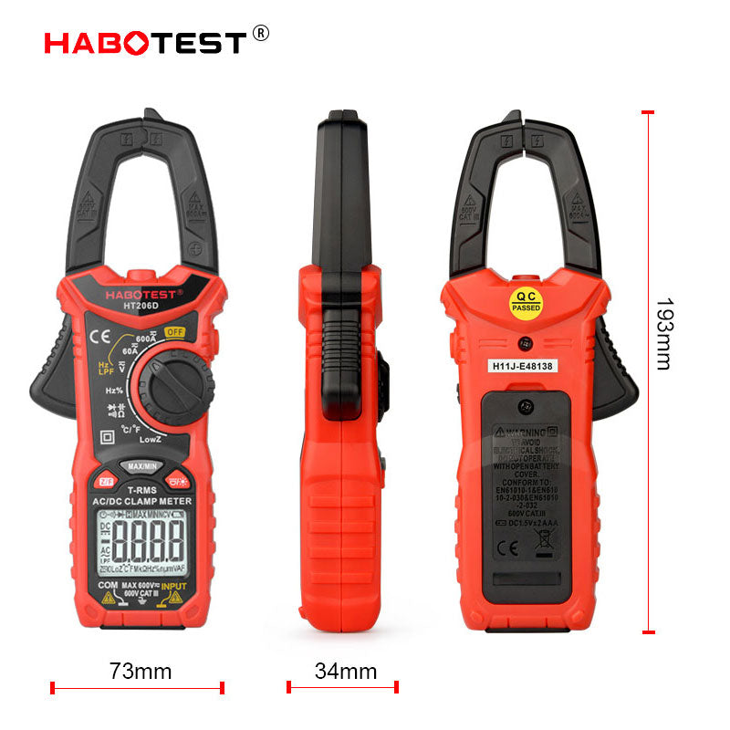 HABOTEST Digital Clamp Meter HT206A HT206B HT206D 600A AC DC Current Two-color Backlight NCV Voltmeter Ammeter With Leather Case