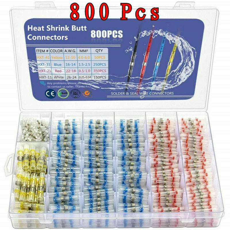 800pcs Solder Seal Wire Connectors Heat Shrink Insulated Electrical Wire Terminals Butt Splice CableCrimp Waterproof Automobile